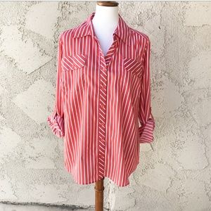 Geneology Striped Orange White Button Down Top 1X